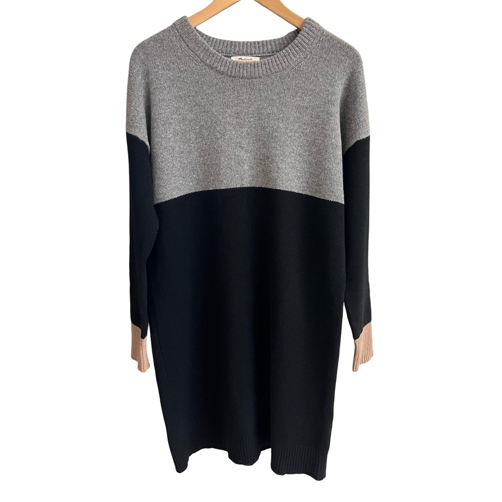 Madewell Colorblock 100% Merino Wool Sweater Dress Gray Black Tan Size M
